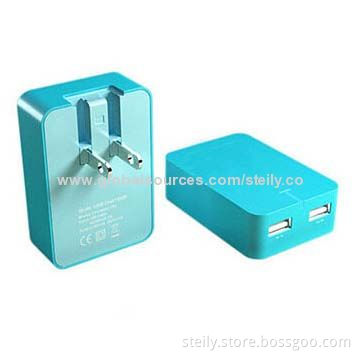 Multicolor portable folded travel charger, 5V/2.1A dual USB output, with ABS eco-friendly material